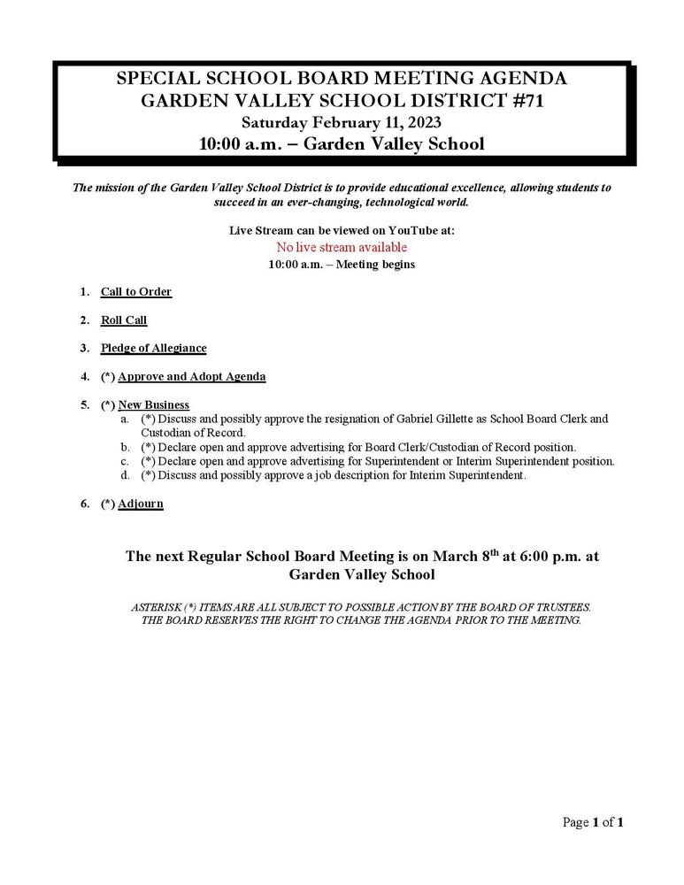 Special School Board Meeting 02/11/2023