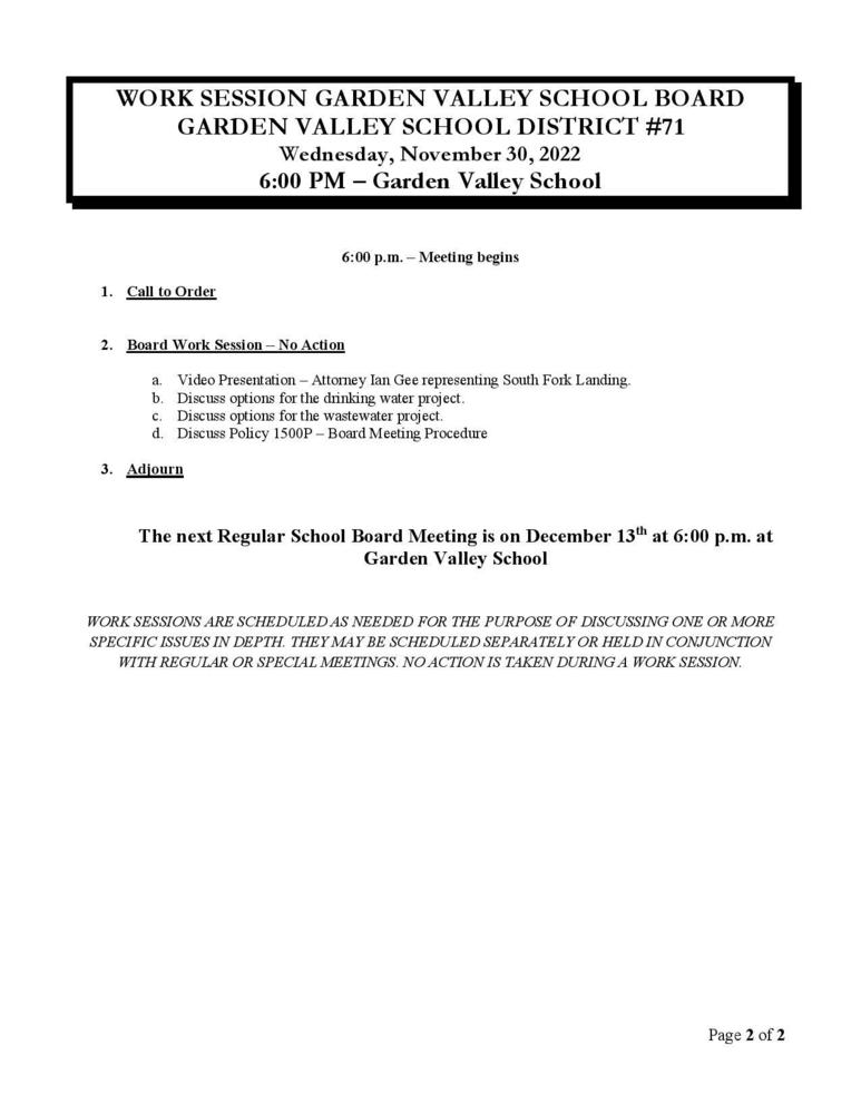 School Board Work Session Agenda