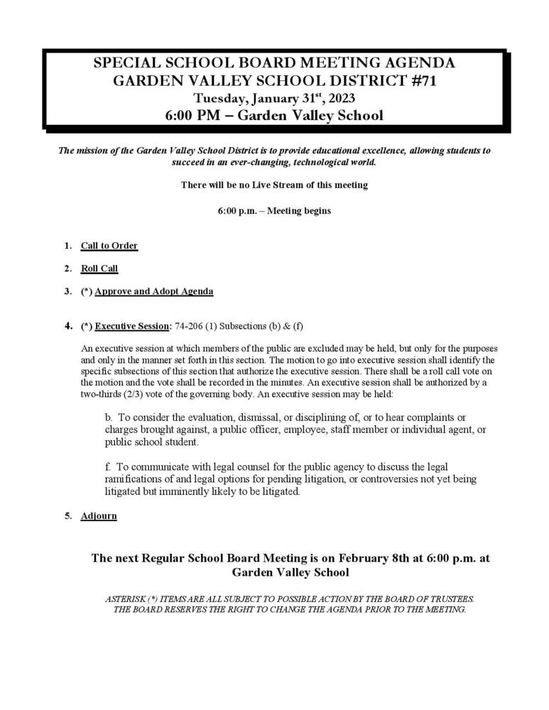 Special School Board Meeting 01/31/2023