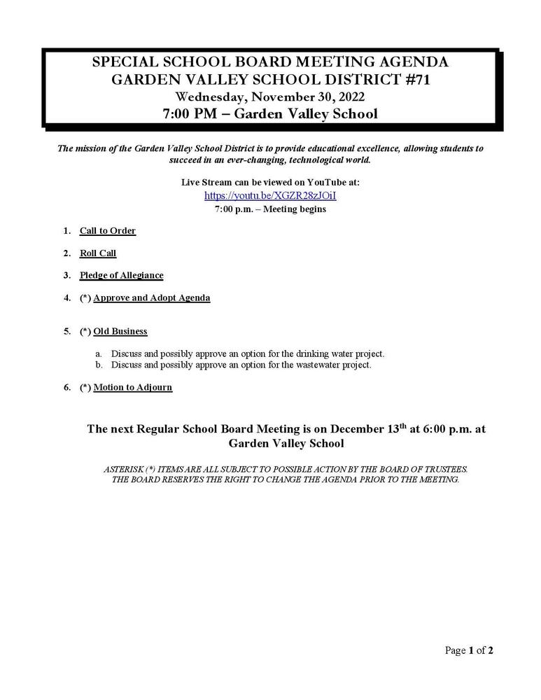 Special School Board Meeting 11/30/2022