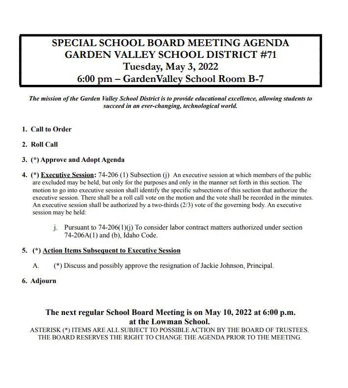 Special Board Meeting May 3, 2022 @ 6pm