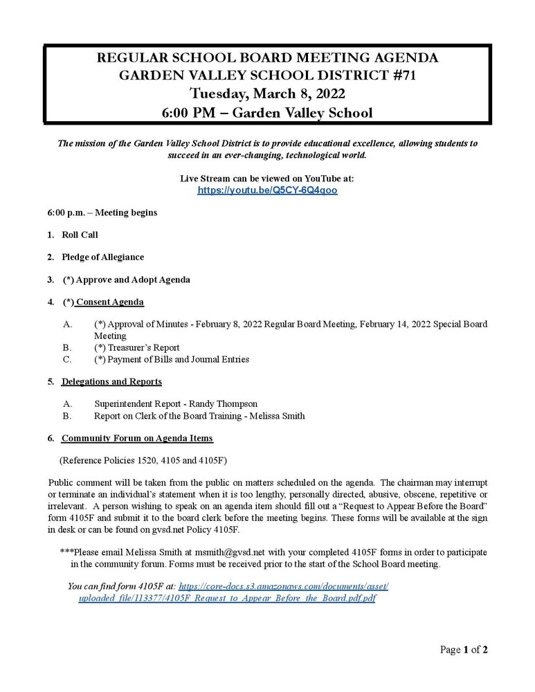 March 8, 2022 School Board Meeting Agenda