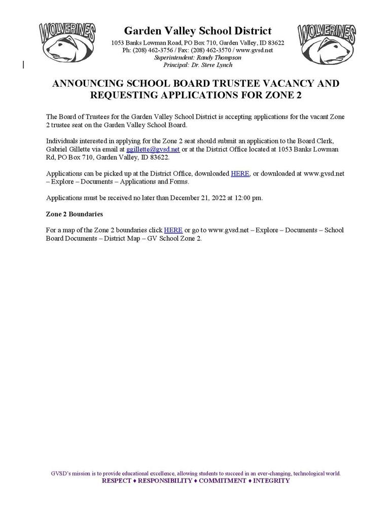 School Board Trustee Zone 2 Vacancy Notice