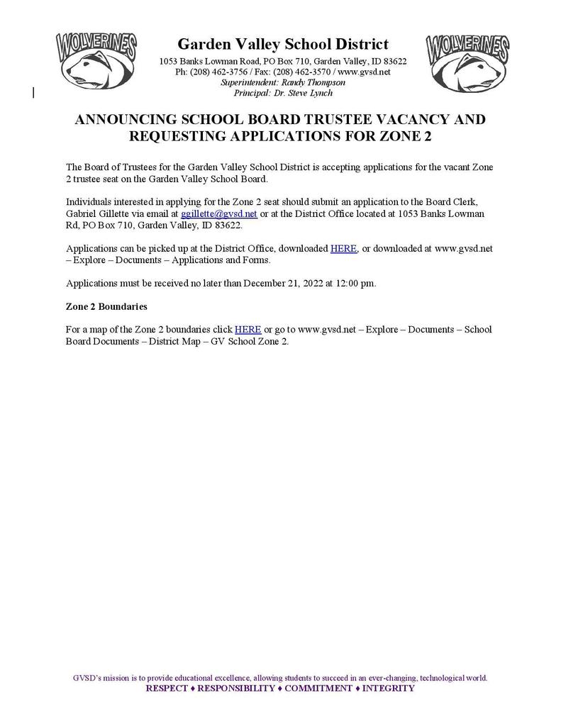 School Board Zone 2 Trustee Vacancy 