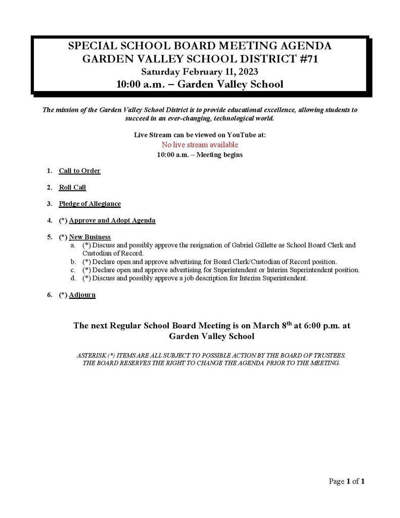 02/11/2023 Special School Board Meeting